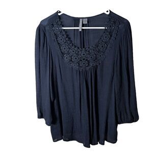 by Design Blouse Women's Large Blue Navy Lace Sheer Crochet 3/4 Sleeve Top